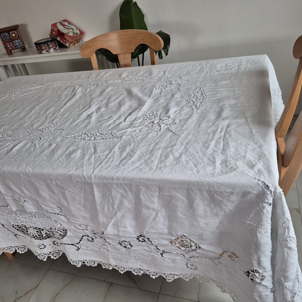 White Linen Cutwork Tablecloth , Lace Trim, Hand-Embroidered Floral